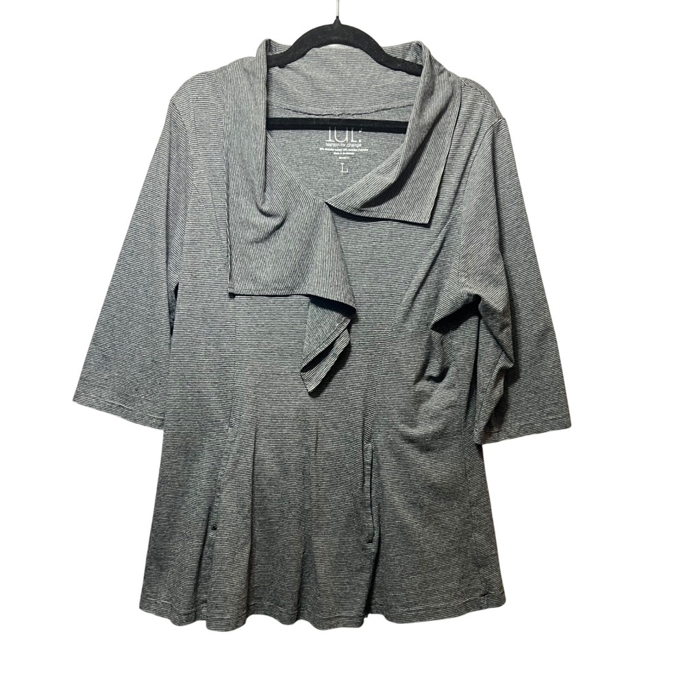 LUR Gray Cowl‎ Neck Tunic Top L 3/4 Sleeve Eco Friendly Pockets Micro Stripe